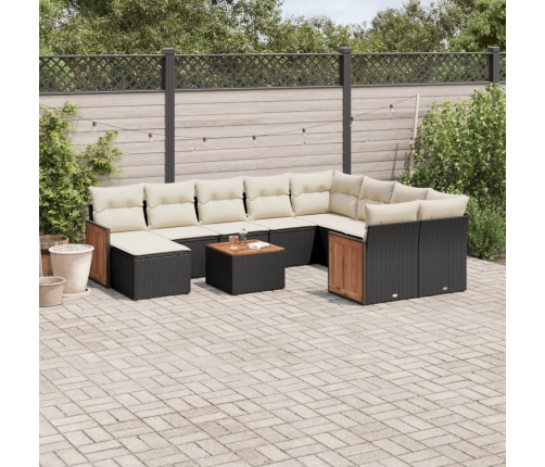 Set de sofás de jardín 11 pzas y cojines ratán sintético negro