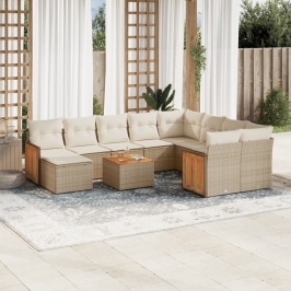 Set de sofás de jardín 11pzas con cojines ratán sintético beige