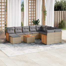 Set de sofás de jardín 11pzas con cojines ratán sintético beige
