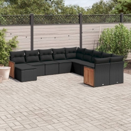 Set de sofás de jardín 11 pzas y cojines ratán sintético negro