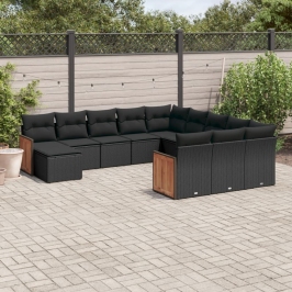 Set de sofás de jardín 12 piezas cojines ratán sintético negro