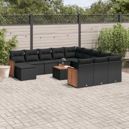 Set de sofás de jardín y cojines 13 pzas ratán sintético negro