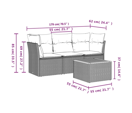 Set de sofás de jardín 4 pzas y cojines ratán sintético gris