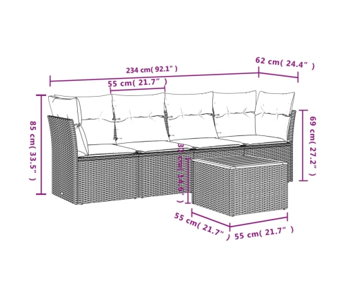 Set de muebles de jardín 5 pzas y cojines ratán sintético negro