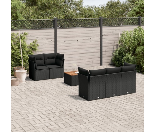 Set de sofás de jardín 6 piezas y cojines ratán sintético negro