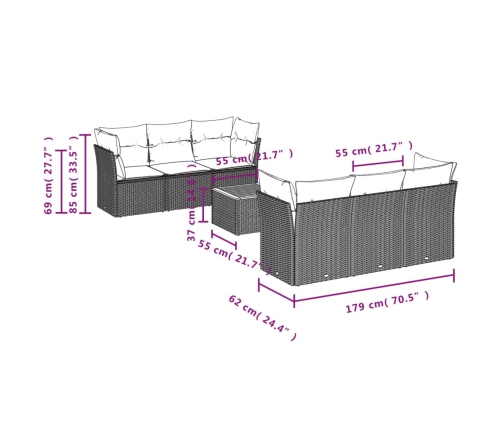 Set de comedor de jardín 7 pzas y cojines ratán sintético negro