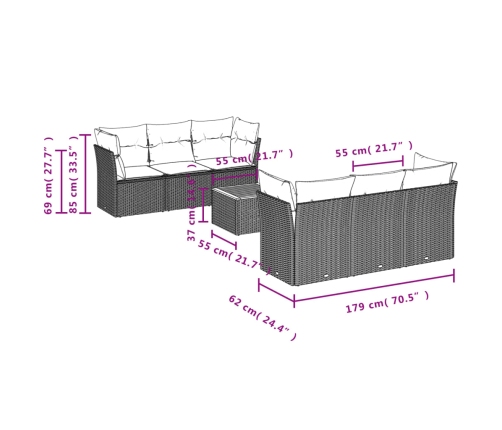 Set de comedor de jardín 7 pzas y cojines ratán sintético negro