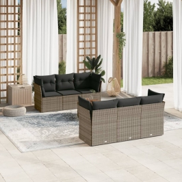 Set de sofás de jardín 7 piezas con cojines ratán PE gris