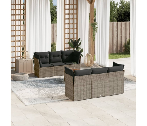 Set de sofás de jardín 7 piezas con cojines ratán PE gris