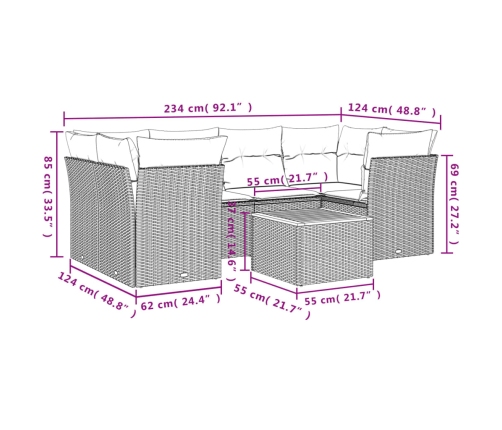 Set de comedor de jardín 7 pzas y cojines ratán sintético negro