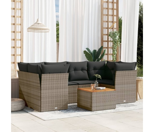 Set de sofás de jardín 7 piezas con cojines ratán PE gris