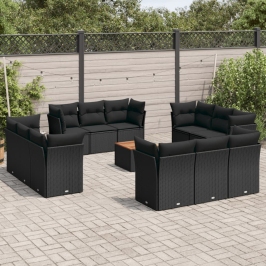 Set de sofás de jardín y cojines 13 pzas ratán sintético negro
