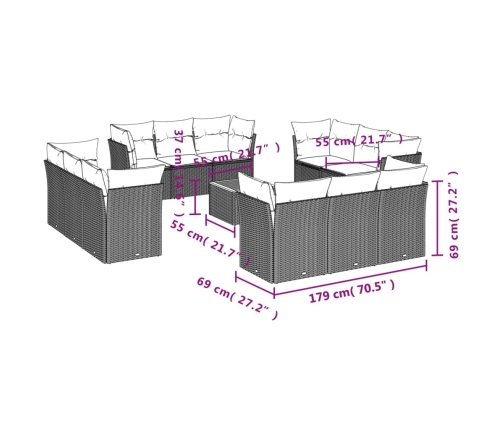 Set sofás de jardín con cojines 13 piezas ratán sintético gris