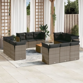 Set sofás de jardín con cojines 13 piezas ratán sintético gris
