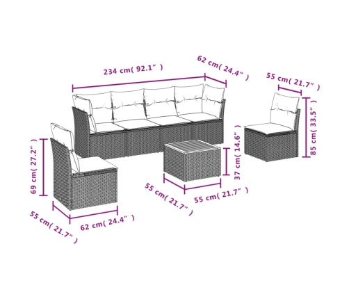 Set de comedor de jardín 7 pzas y cojines ratán sintético negro