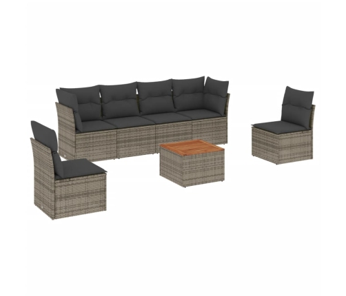 Set de sofás de jardín 7 piezas con cojines ratán PE gris