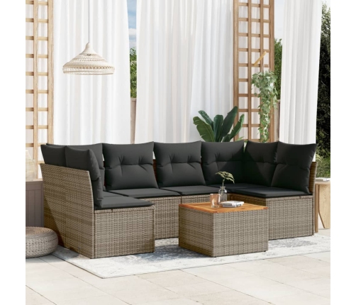 Set de sofás de jardín 7 piezas con cojines ratán PE gris
