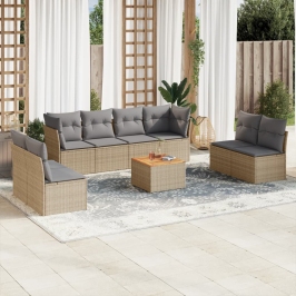 Set de sofás de jardín 9 pzas con cojines ratán sintético beige