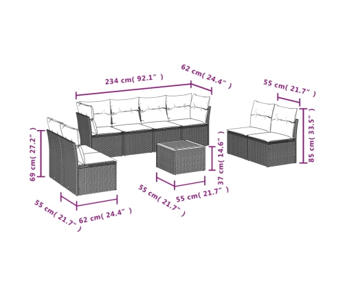 Set de muebles de jardín 9 pzas y cojines ratán sintético gris