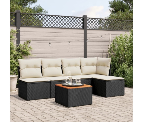 Set de sofás de jardín 6 piezas y cojines ratán sintético negro