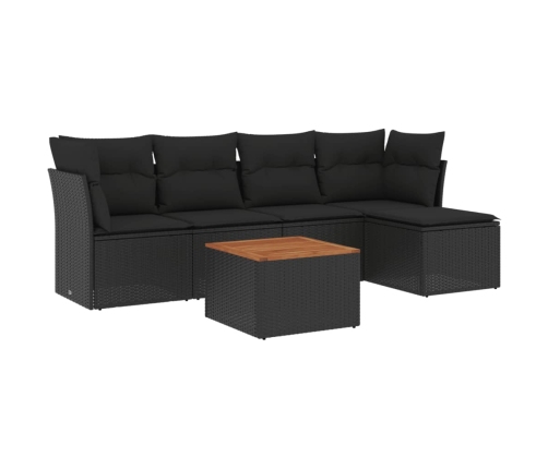 Set de sofás de jardín 6 piezas y cojines ratán sintético negro