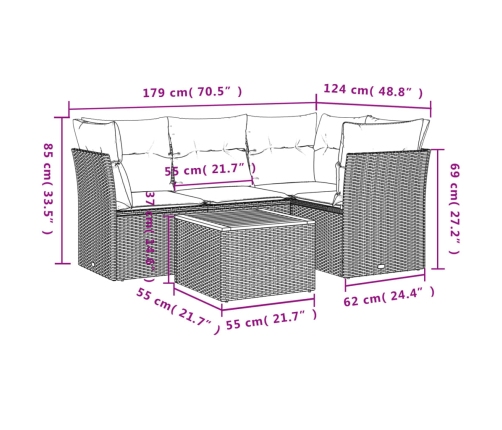 Set de muebles de jardín 5 pzas y cojines ratán sintético negro