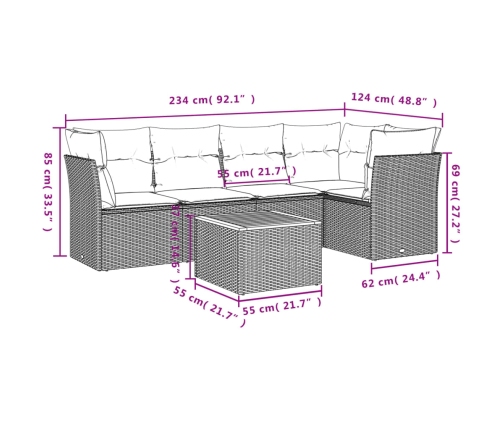 Set de muebles de jardín 6 pzas y cojines ratán sintético gris