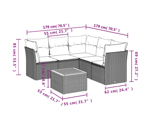Set de muebles de jardín 6 pzas y cojines ratán sintético gris