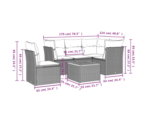 Set de muebles de jardín 6 pzas y cojines ratán sintético gris