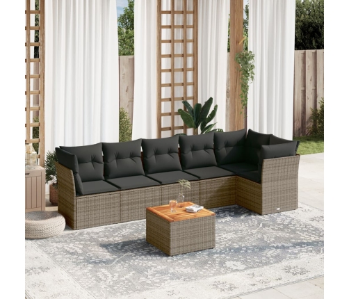Set de sofás de jardín 7 piezas con cojines ratán PE gris