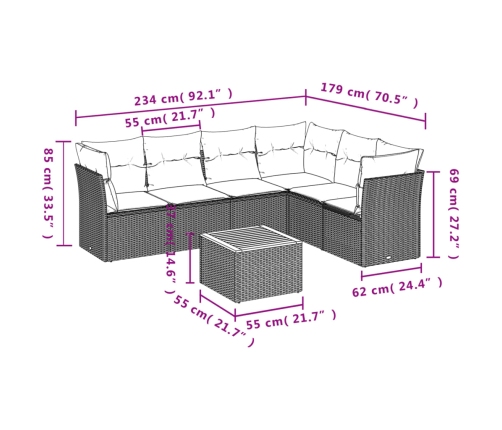 Set de sofás de jardín 7 piezas con cojines ratán PE gris