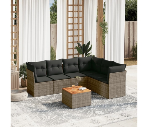Set de sofás de jardín 7 piezas con cojines ratán PE gris