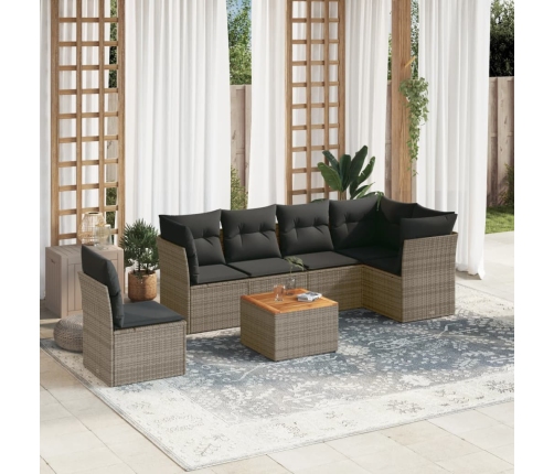 Set de sofás de jardín 7 piezas con cojines ratán PE gris