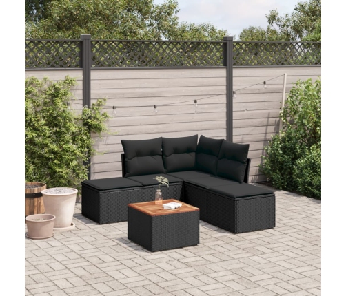Set de sofás de jardín 6 piezas y cojines ratán sintético negro
