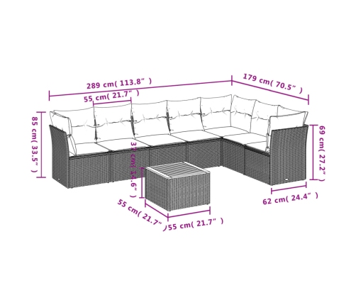 Set de sofás de jardín 8 pzas y cojines ratán sintético gris
