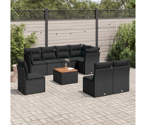Set de sofás de jardín 8 piezas y cojines ratán sintético negro