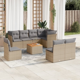Set de sofás de jardín 9 pzas con cojines ratán sintético beige