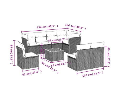 Set de muebles de jardín 9 pzas y cojines ratán sintético gris