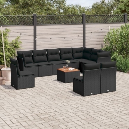 Set de sofás de jardín 11 pzas y cojines ratán sintético negro
