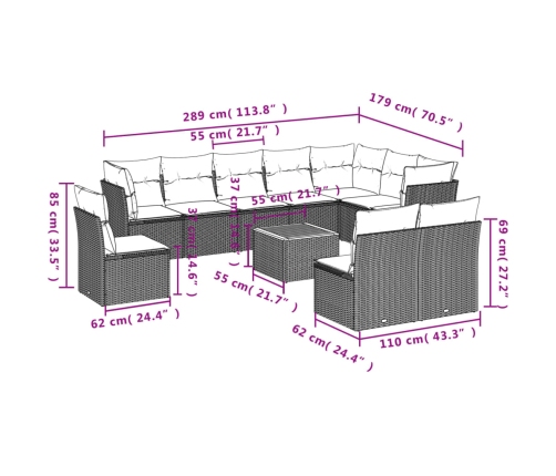 Set de sofás de jardín 11pzas con cojines ratán sintético beige