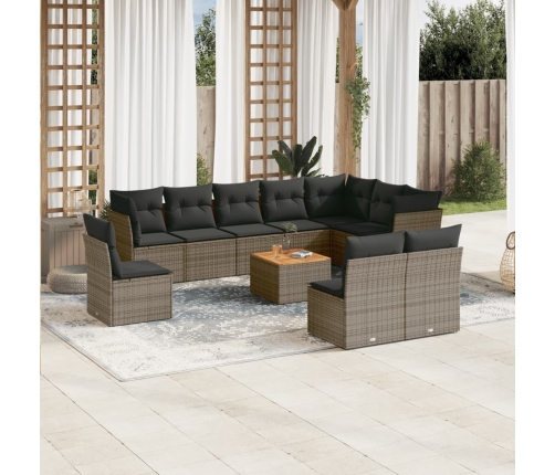 Set de sofás de jardín 11 pzas y cojines ratán sintético gris