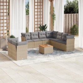 Juego de sofás jardín con cojines beige 10 pzas ratán sintético