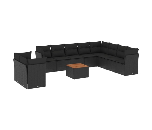 Set de sofás de jardín 11 pzas y cojines ratán sintético negro