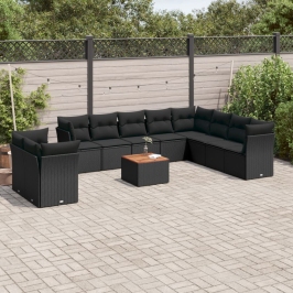 Set de sofás de jardín 11 pzas y cojines ratán sintético negro