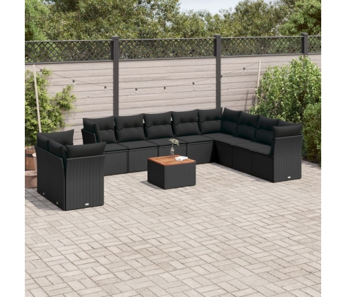 Set de sofás de jardín 11 pzas y cojines ratán sintético negro