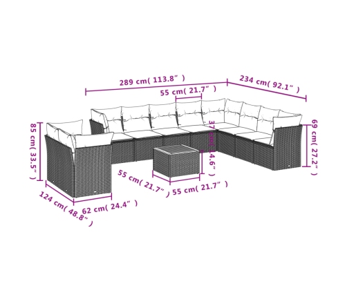 Set de sofás de jardín 11pzas con cojines ratán sintético beige