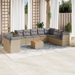 Set de sofás de jardín 11pzas con cojines ratán sintético beige