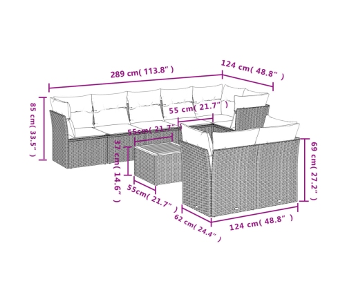 Set de muebles de jardín 9 pzas y cojines ratán sintético gris
