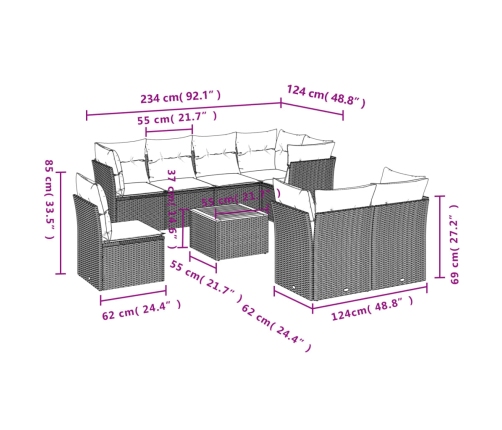Set de muebles de jardín 9 pzas y cojines ratán sintético gris