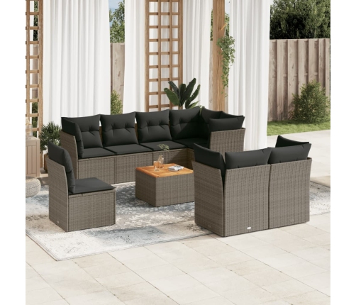 Set de muebles de jardín 9 pzas y cojines ratán sintético gris